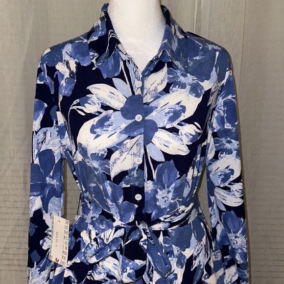 LuLaRoe S ELLIE Blue White Floral Long Sleeve A Line Midi Shirt Dress - Picture 3 of 16